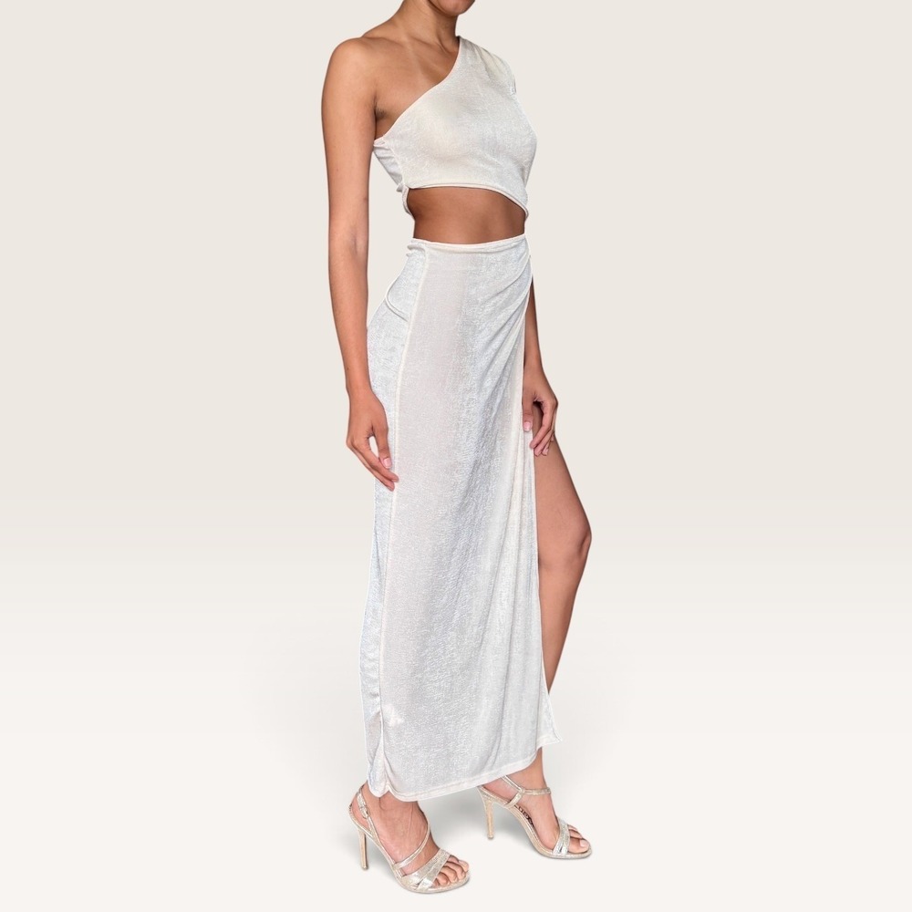 One Shoulder High Slit Off-White Midi Dress Small Party Night Out Resortwear EUC - Picture 4 of 7